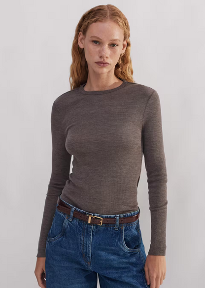 Me+Em Ribbed Brown Jersey Wool Top UK 14