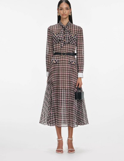 Self-Portrait Brown Check Chiffon Midi Dress UK 12