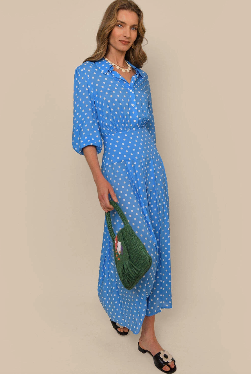 Rixo Izzy Pleated Polka Dot Dress UK 12
