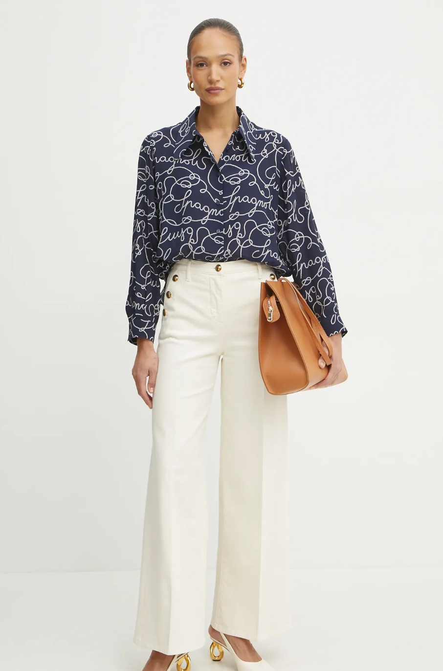 Luisa Spagnoli Dark Navy Silk Logo Shirt S