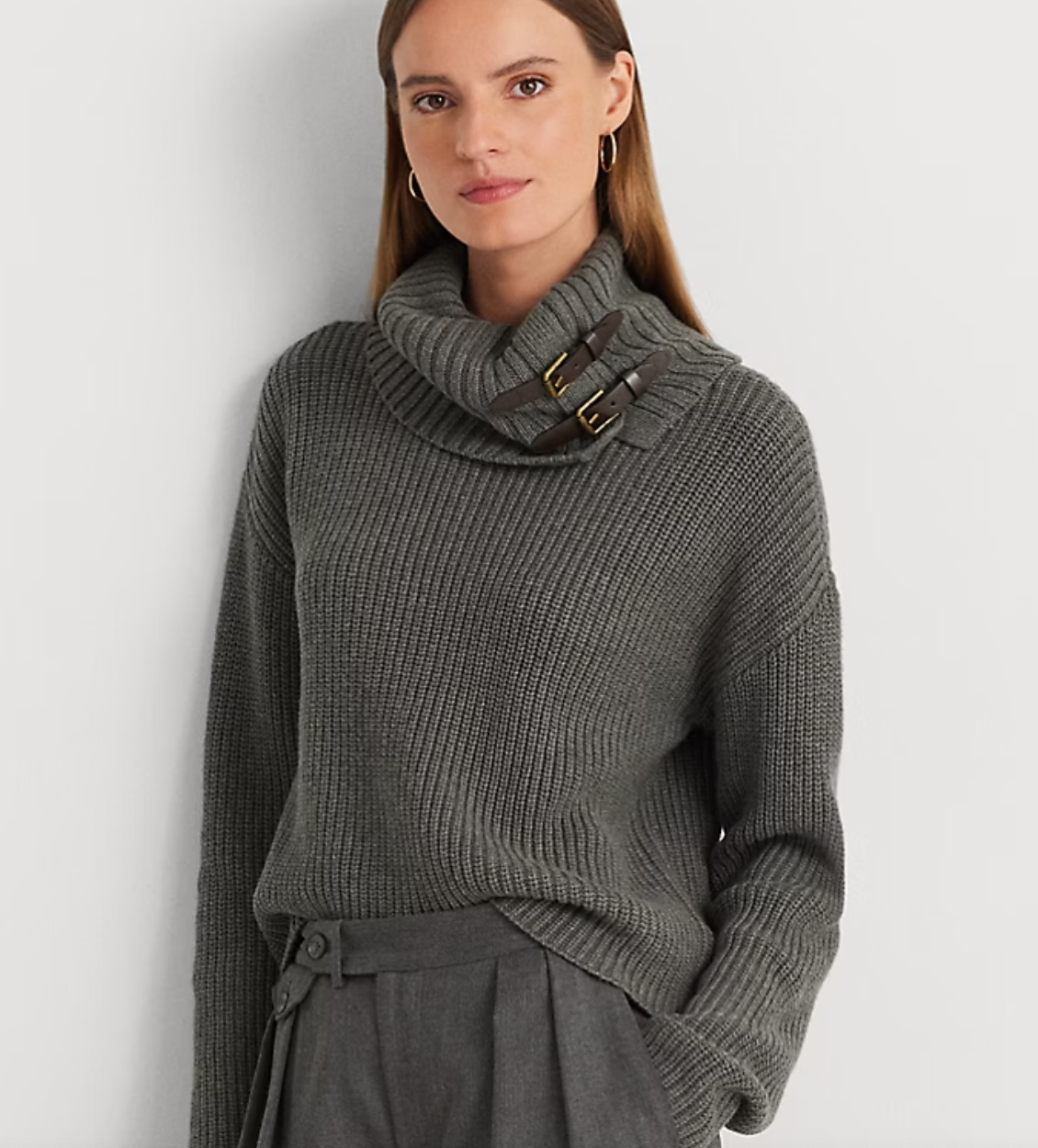 Lauren by Ralph Lauren Grey Buckle-Trim Cotton Ribbed Roll Neck Knit S