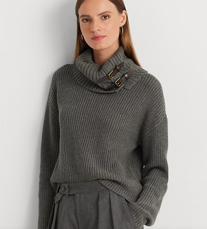 Lauren by Ralph Lauren Grey Buckle-Trim Cotton Ribbed Roll Neck Knit S