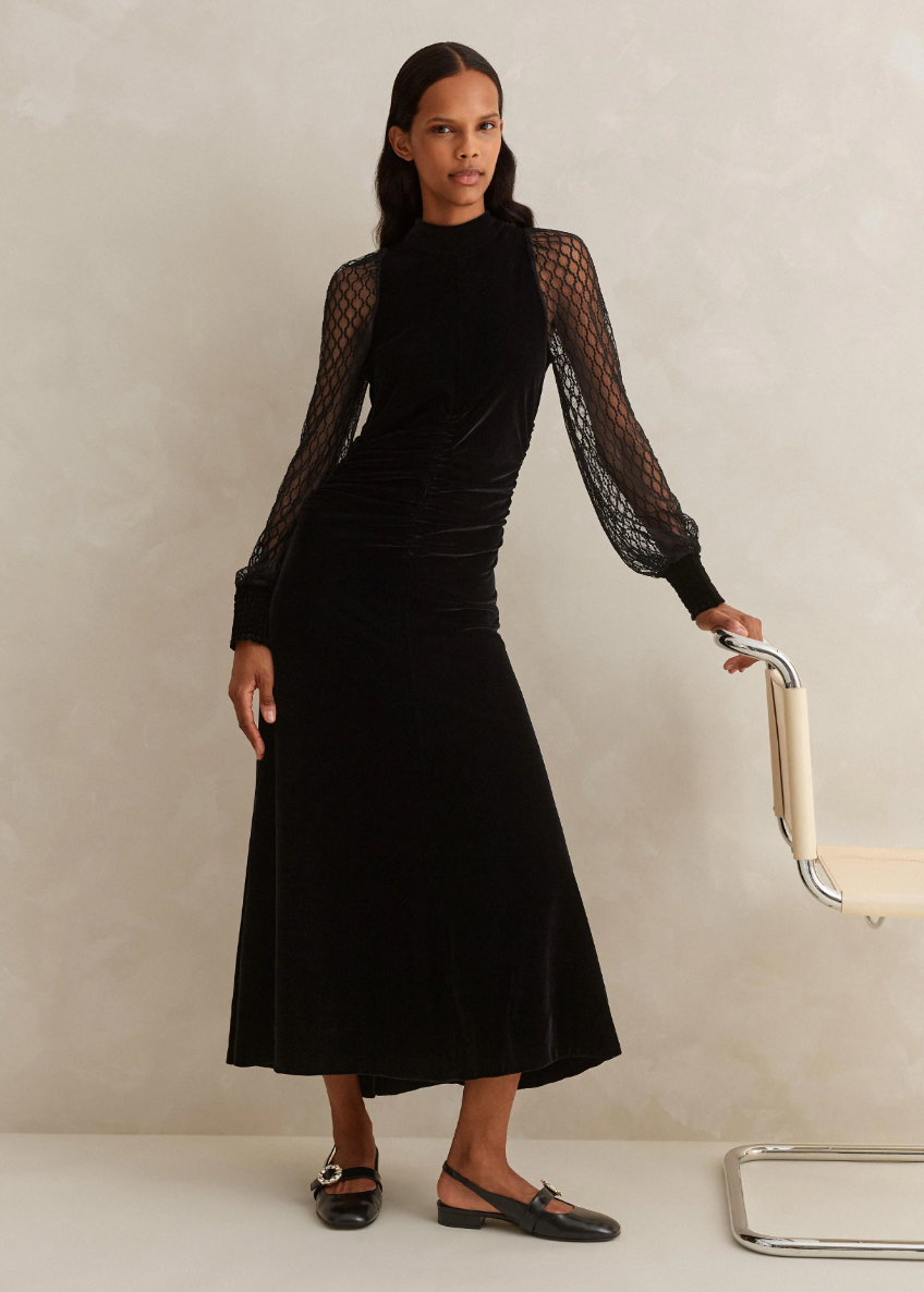 Me+Em Black Velvet Lace Sleeve Maxi UK 10