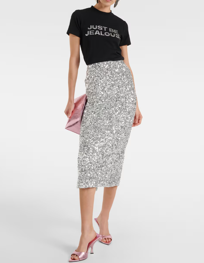 Rotate by Birger Christensen Silver Sequin Midi Pencil Skirt UK 16