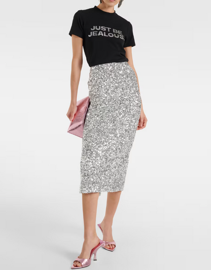 Rotate by Birger Christensen Silver Sequin Midi Pencil Skirt UK 16